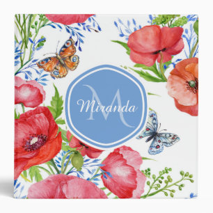 Lovely Red Poppies With Blue Butterflies and Name Binder