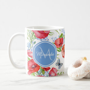 Lovely Red Poppies With Blue Butterflies and Name Coffee Mug