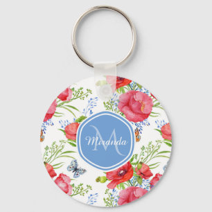 Lovely Red Poppies With Blue Butterflies and Name Keychain