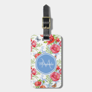 Lovely Red Poppies With Blue Butterflies and Name Luggage Tag