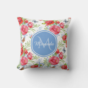 Lovely Red Poppies With Blue Butterflies and Name Throw Pillow