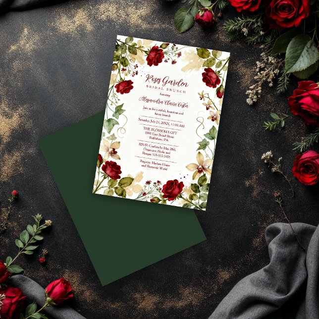 Lovely Red Roses Garden-Inspired Bridal Brunch Invitation (Lovely Red Roses Garden-Inspired Bridal Shower Brunch Invitation Card Design with Dark Green Back.)