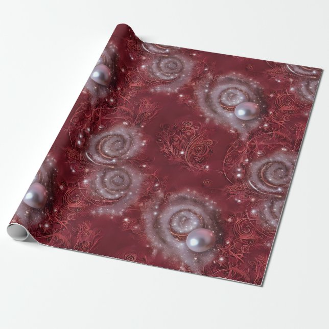 Lovely Red & White Beaded Feathered Pearl Velvety Wrapping Paper (Unrolled)