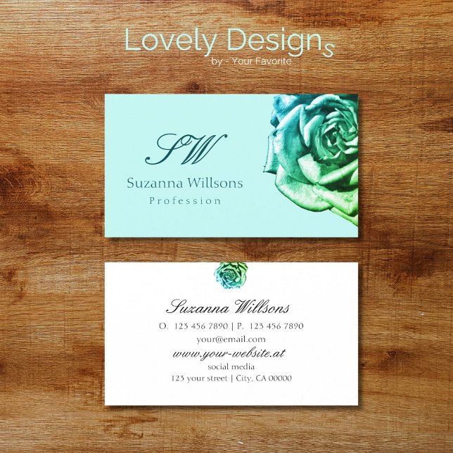 Lovely Rose on Plain Teal White with Initials Business Card (Creator Uploaded)