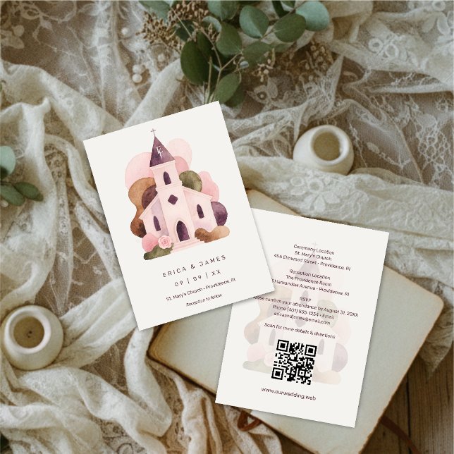 Lovely Rustic Pink Tones Church Wedding  Invitation (Lovely Rustic Pink Tones Church Illustration Wedding Invitation Cards Design.)
