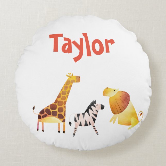 Lovely Safari Giraffe Lion and Zebra Round Pillow (Front)