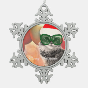Lovely santa cat with santa hat snowflake pewter christmas ornament