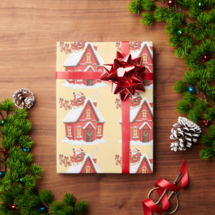 Lovely Santa's Sleigh and Red House Wrapping Paper