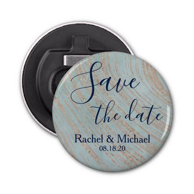Lovely Save the Date Blue and Copper Bottle Opener (Front)