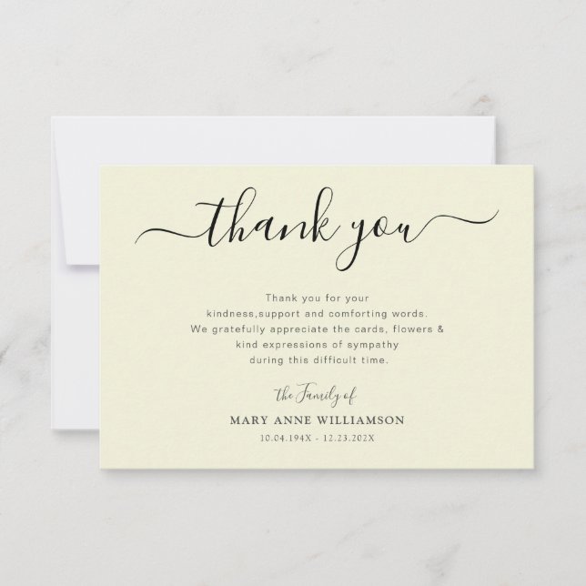 lovely script biege funeral thank you note (Front)