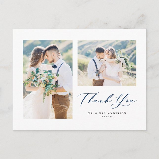 Lovely Script Blue Two Photo Collage Thank You Postcard (Front)