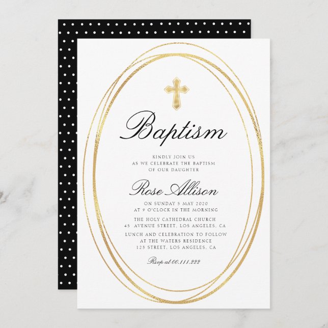 lovely script faux gold frame baptism invitation (Front/Back)