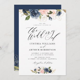 lovely script navy and blush pink wedding invitation