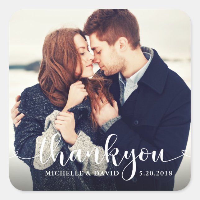 Lovely Script Wedding Photo Thank You Square Sticker (Front)