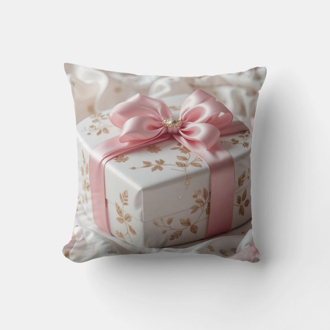 lovely silk pink gift box throw pillow (Front)