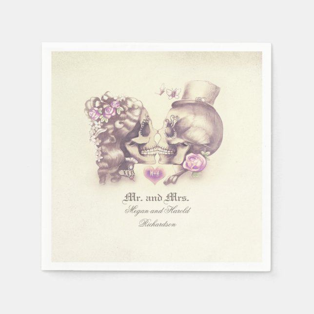 Lovely Skull Couple Purple Wedding Napkin (Front)