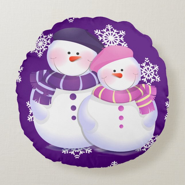 Lovely Snowman Couple Round Pillow (Front)