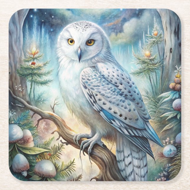 Lovely Snowy Owl Square Paper Coaster (Front)