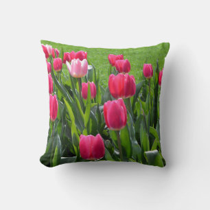lovely spring pink tulip flowers. garden floral throw pillow