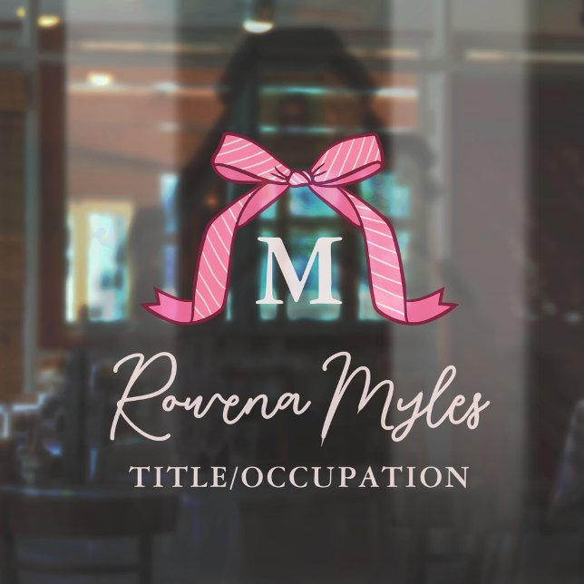 Lovely Striped Pink Bow Monogram name In Script Window Cling (Creator Uploaded)