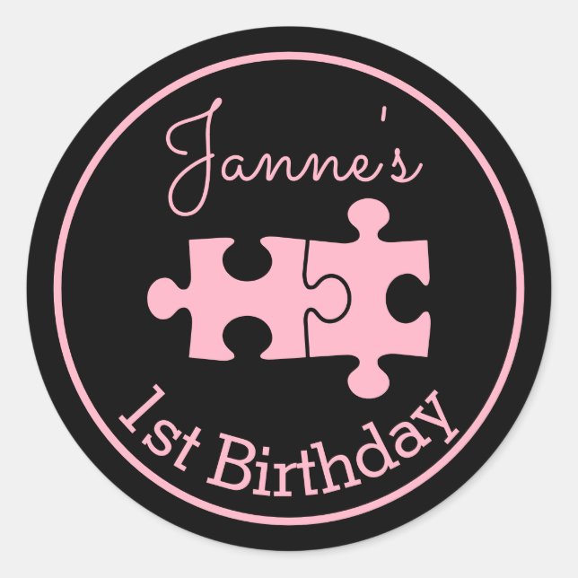 Lovely Sweet Pink Black Puzzles Classic Round Sticker (Front)