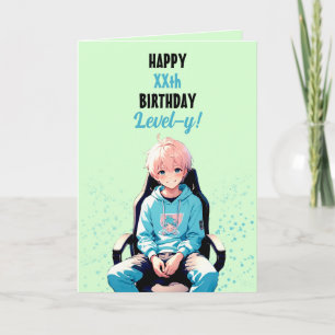 Lovely Teal and Green Anime Gamer Age Birthday Card