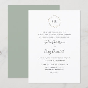 Lovely Tiny Green leaves formal monogram wedding Invitation