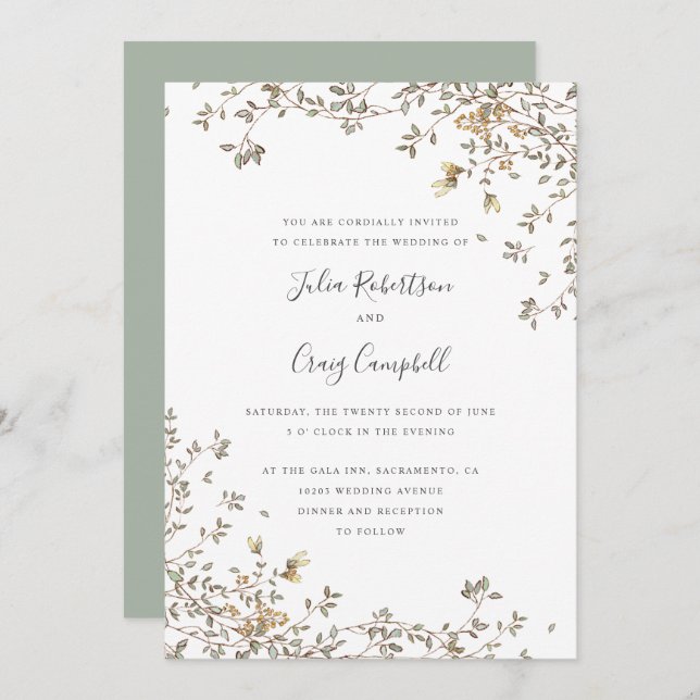 Lovely Tiny Green leaves Whimsical wedding Invitation (Front/Back)