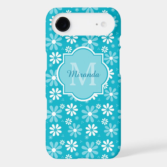 Lovely Turquoise Daisy Flowers Monogram and Name Case-Mate iPhone Case (Back)