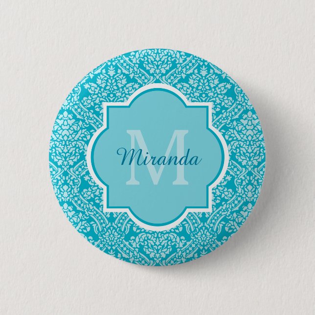 Lovely Turquoise Damask Pattern Monogram With Name 2 Inch Round Button (Front)