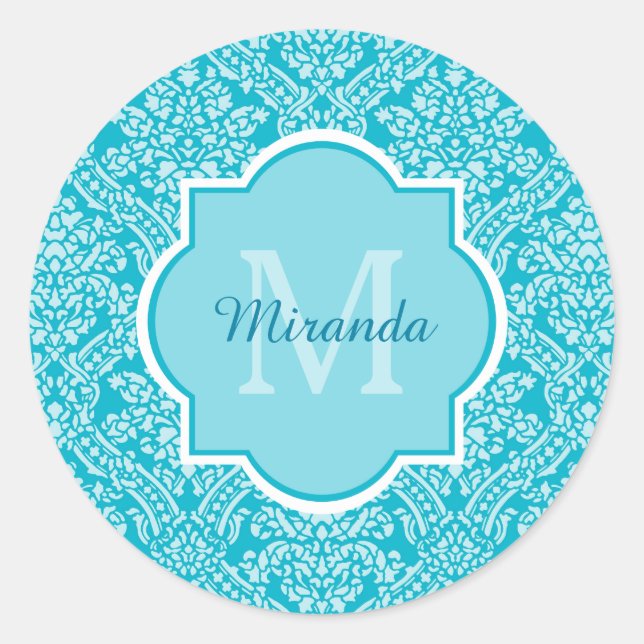 Lovely Turquoise Damask Pattern Monogram With Name Classic Round Sticker (Front)