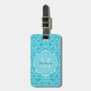 Lovely Turquoise Damask Pattern Monogram With Name Luggage Tag