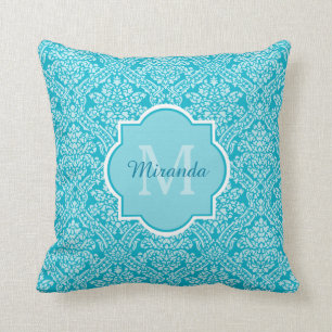 Lovely Turquoise Damask Pattern Monogram With Name Throw Pillow