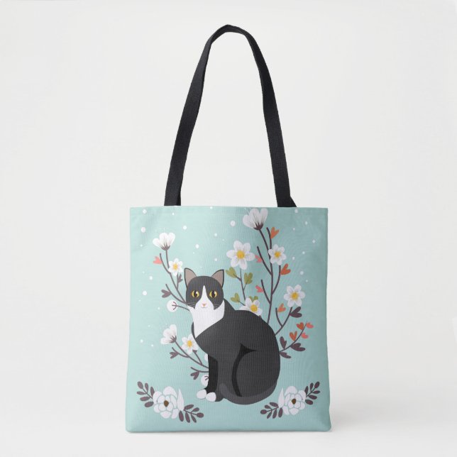 Lovely Tuxedo Cat in Flowers All-Over-Print Tote Bag (Front)