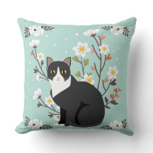 Lovely Tuxedo Cat in Flowers Throw Pillow