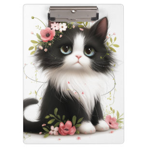 Lovely Tuxedo Kitten with Flowers  Clipboard