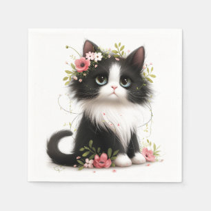 Lovely Tuxedo Kitten with Flowers Napkin