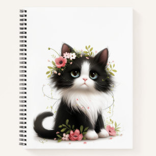 Lovely Tuxedo Kitten with Flowers  Notebook