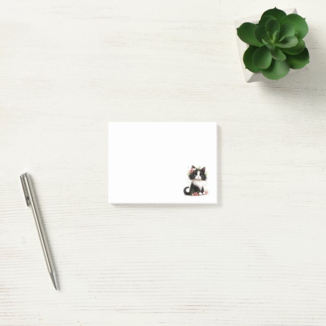 Lovely Tuxedo Kitten with Flowers Post-it Notes (Office)