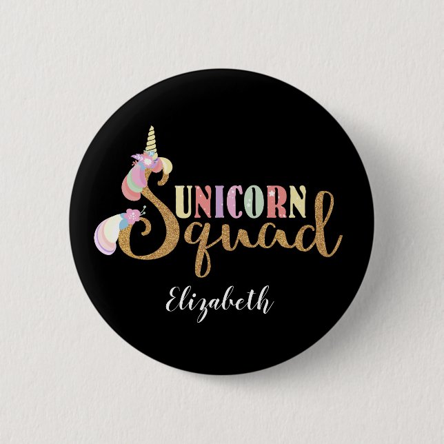Lovely Unicorn Squad Gold Glitter Rainbow 2 Inch Round Button (Front)
