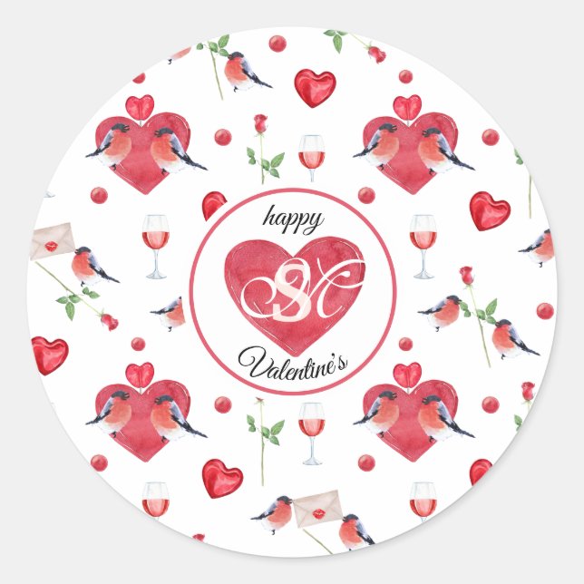 Lovely Valentine's Day Pattern | Monogrammed Classic Round Sticker (Front)