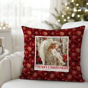 Lovely Vintage Angel Red Gold Festive Christmas  Throw Pillow