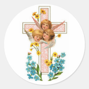 Lovely Vintage Angels With Pink Cross Classic Round Sticker