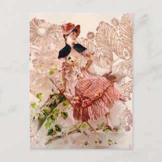 Lovely Vintage Lady In Pink Dress Postcard