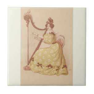 Lovely Vintage Lady Playing Music On A Harp Tile