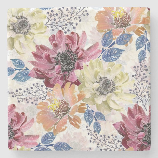 Lovely Vintage pink orange chrysanthemum Stone Coaster (Front)