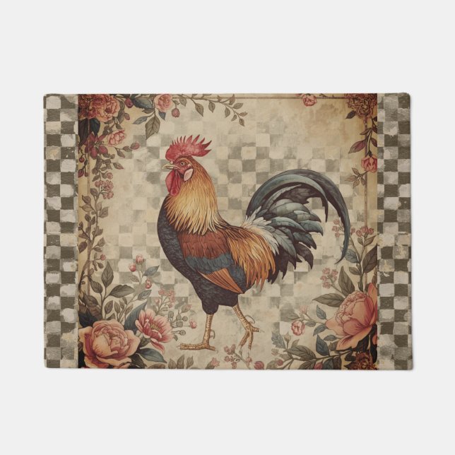 Lovely Vintage Rooster and Flowers Pattern  Doormat (Front)
