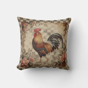 Lovely Vintage Rooster ,Flowers Pattern, Checke Throw Pillow