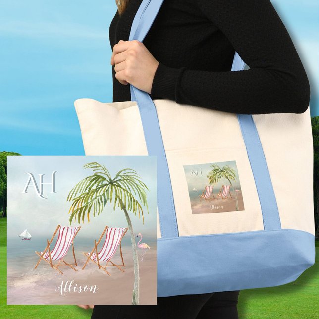 Lovely Watercolor Beach Scene Custom Monogram Name Tote Bag (Creator Uploaded)