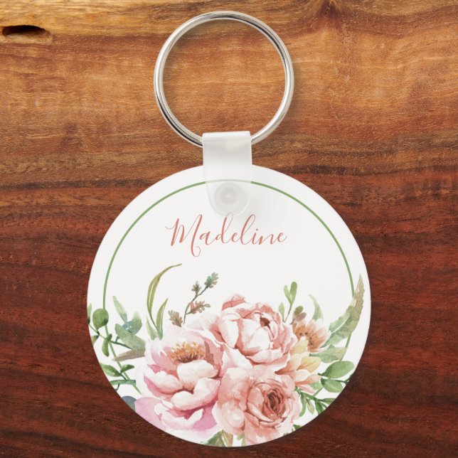 Lovely Watercolor Floral Custom Name Keychain (Front)
